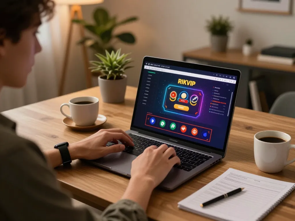 RIKVIP online gaming interface displayed on a laptop with engaged player and cozy setting