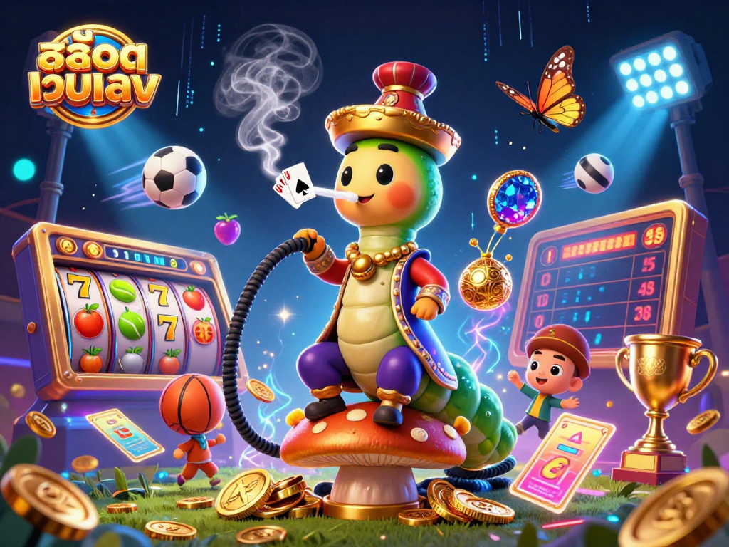 Experience the thrill of สล็อตเว็บตรง with dynamic gaming symbols and engaging characters in a fantastical casino scene.