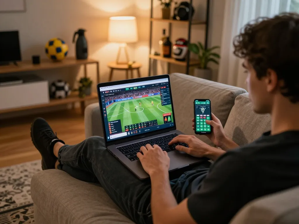 Soi Kèo at home with a person using laptop for strategic sports betting in an inviting setting