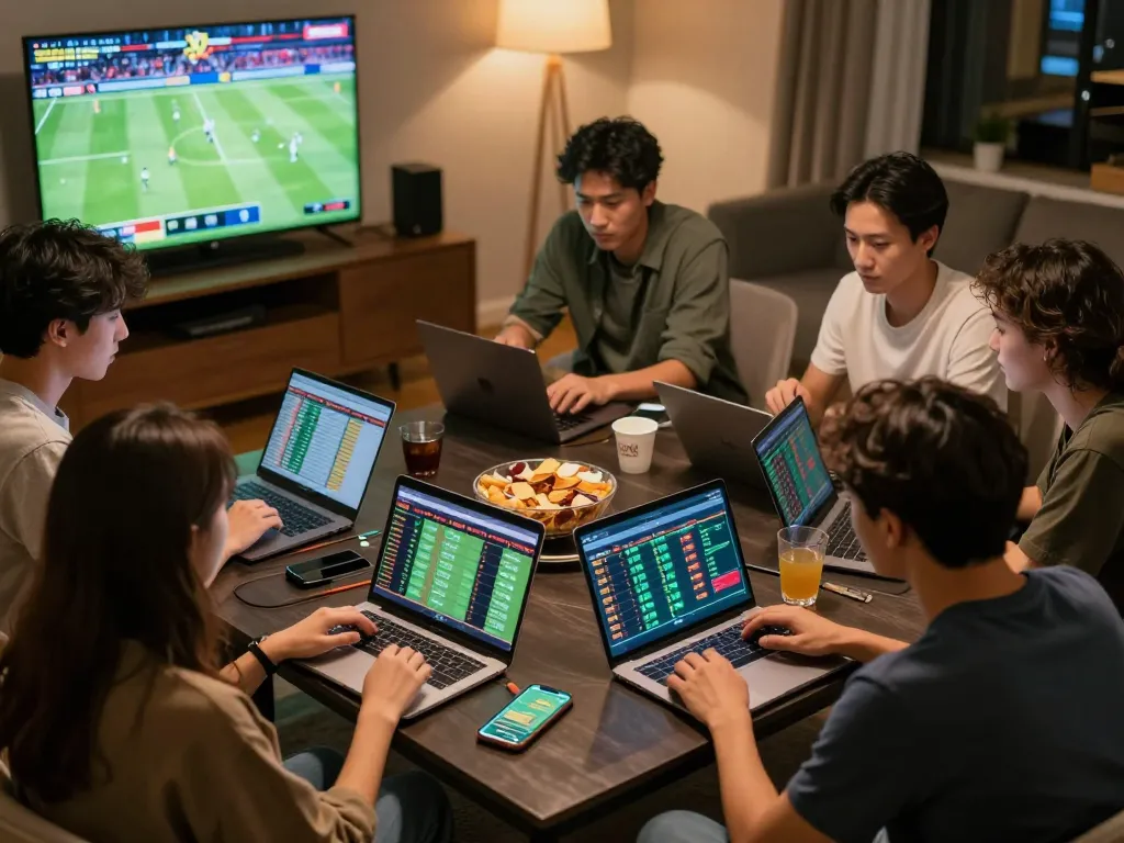 Socolive sports betting scene featuring friends analyzing odds and enjoying a live match.