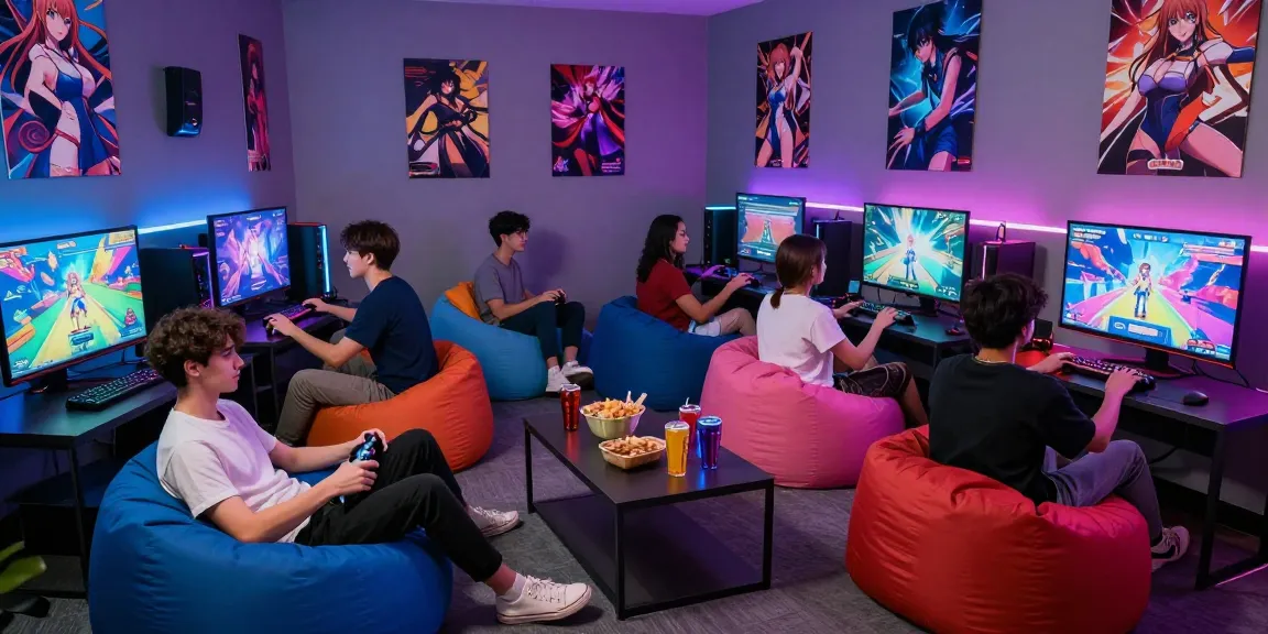 Group of friends playing ecchi games in a vibrant gaming room with colorful graphics and snacks.