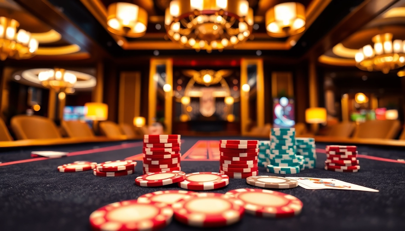 Mahongtoto menampilkan meja kasino mewah lengkap dengan chip berwarna dan kartu.