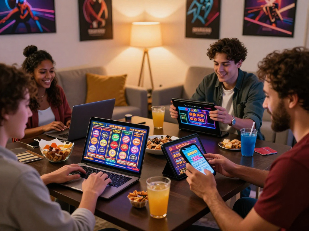 Teman-teman bersenang-senang bermain situs slot gacor secara online di ruang tamu yang nyaman, dengan berbagai perangkat dan suasana ceria.