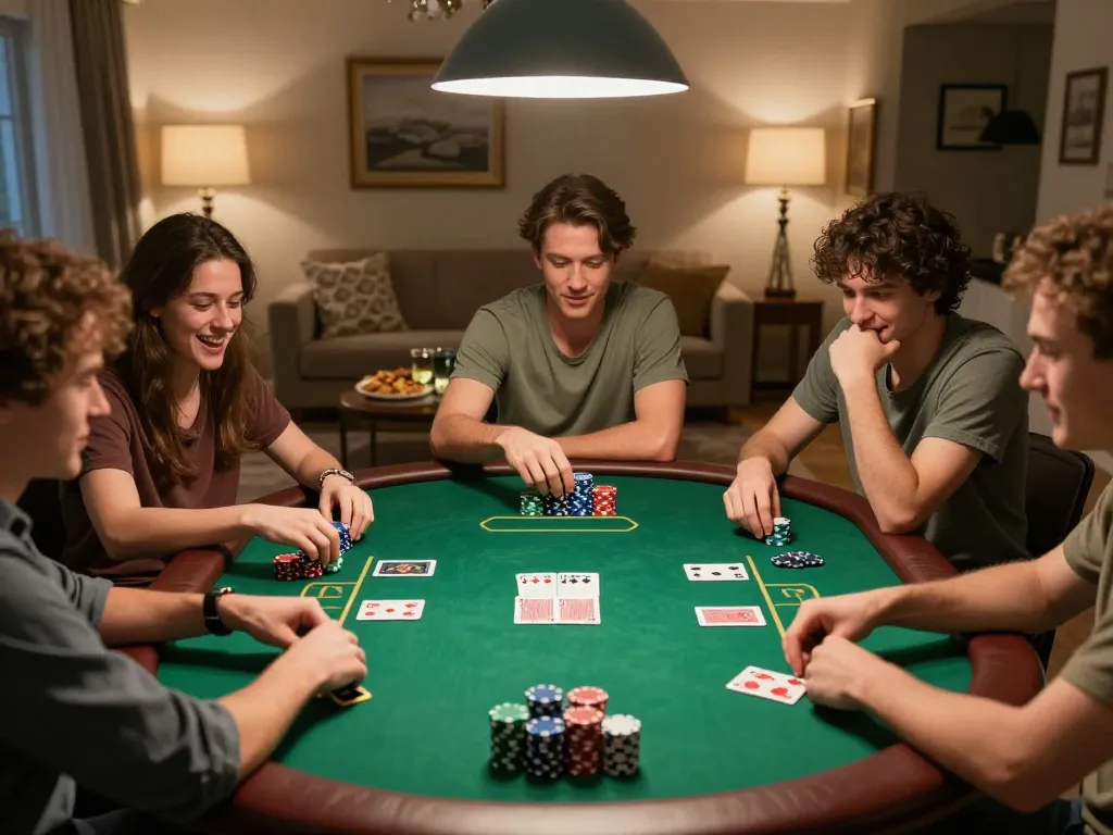 Friends engaged in a lively poker game at home, showcasing bem88l atmosphere of strategic gameplay and social interaction.