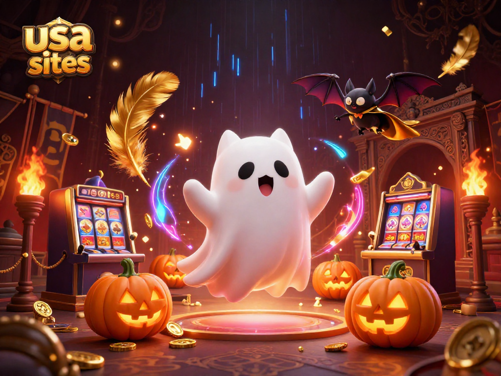 Explore usa slot sites with a ghost cat and bat in a vibrant casino scene filled with slot machines and gold coins.