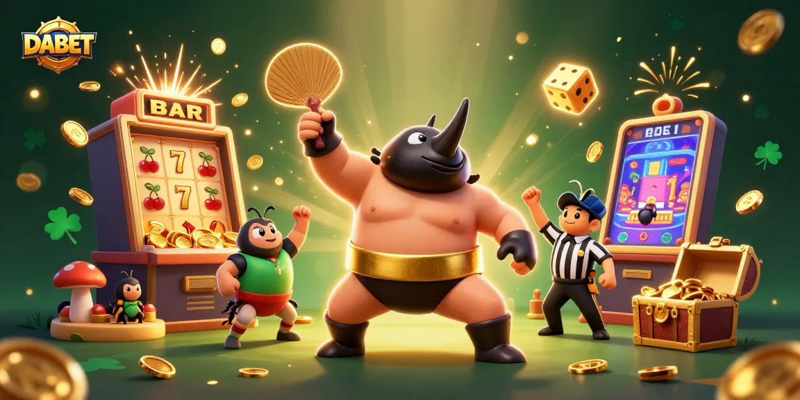 DABET features a dynamic casino scene with a beetle sumo champion amidst flying coins and a bursting slot machine.