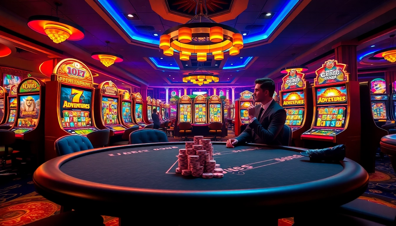 Players engaging in an exciting poker game and vibrant slot machines at i9bet casino.