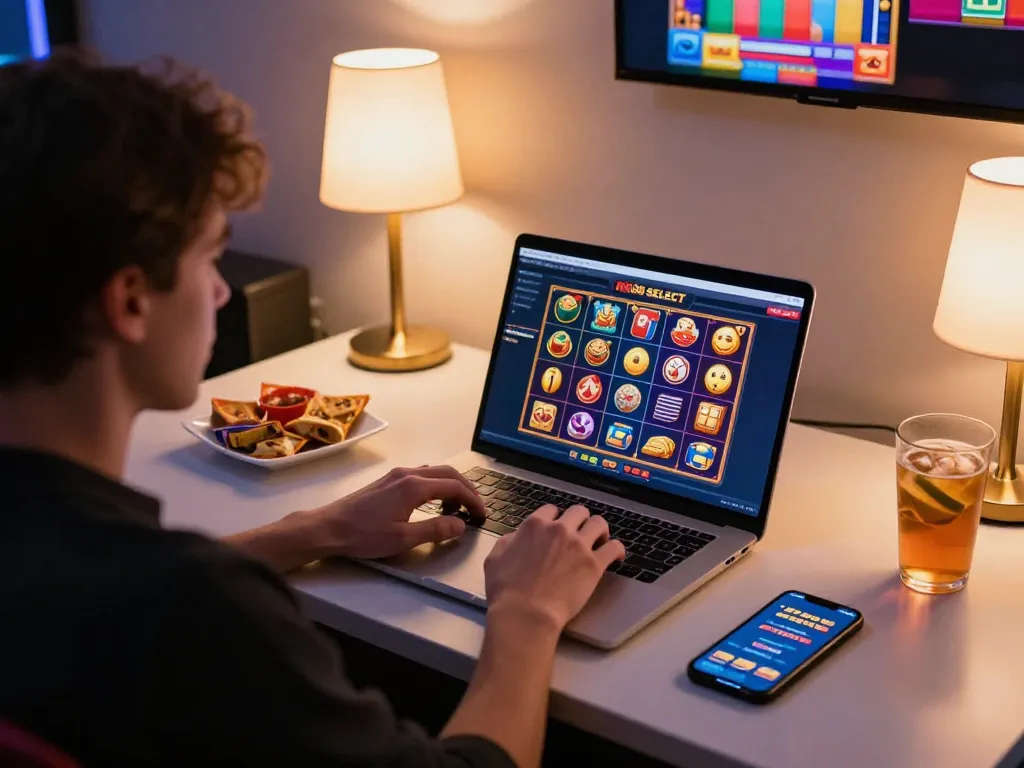 Engaging online gambling experience on RR88 SELECT platform with laptop and strategic gaming elements
