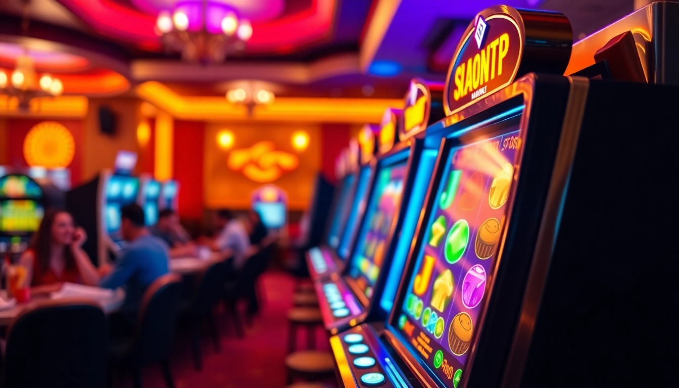 Play rtp slot with vibrant machine features and happy players in a lively casino