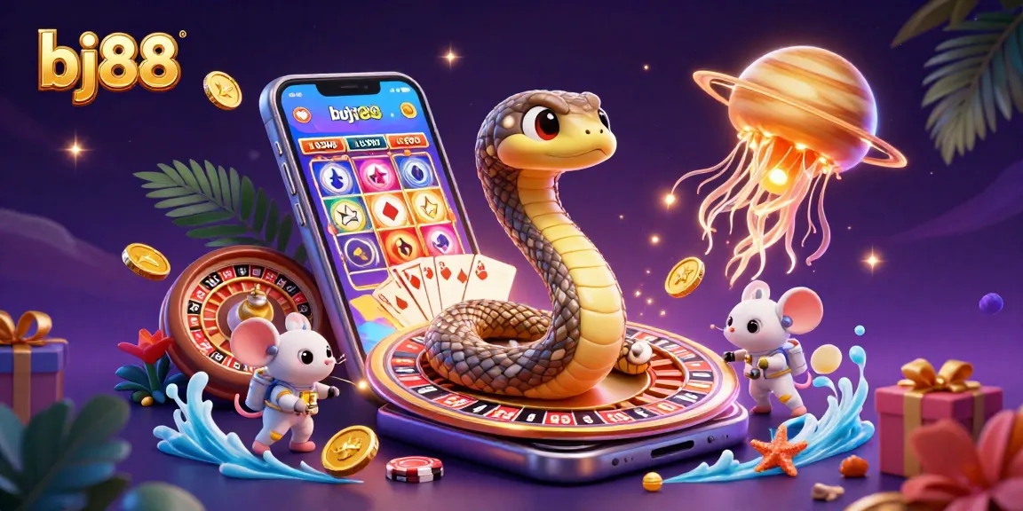 Place bets at bj88, featuring cartoon characters in a vibrant casino scene with roulette and slot games.