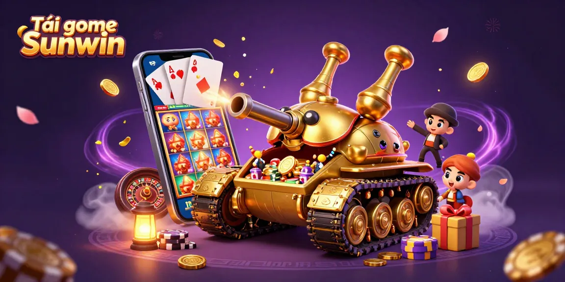 Tải game Sunwin in an engaging 3D casino scene with vibrant colors, slot games, and festive elements.