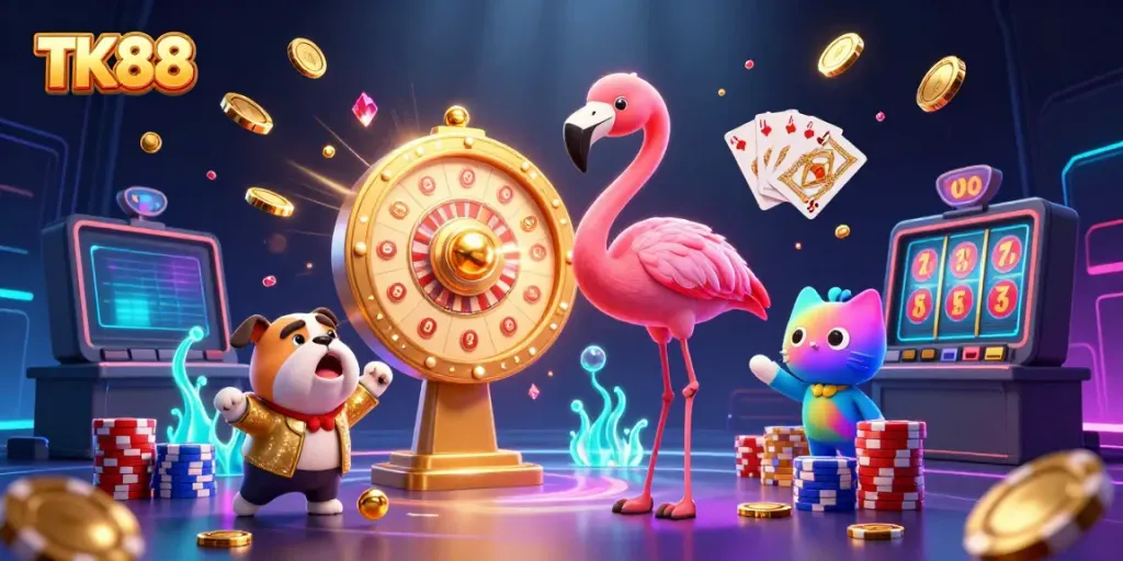 Engaging scene with TK88's vibrant casino atmosphere featuring a game show host flamingo, bulldog contestant, and gem elements.