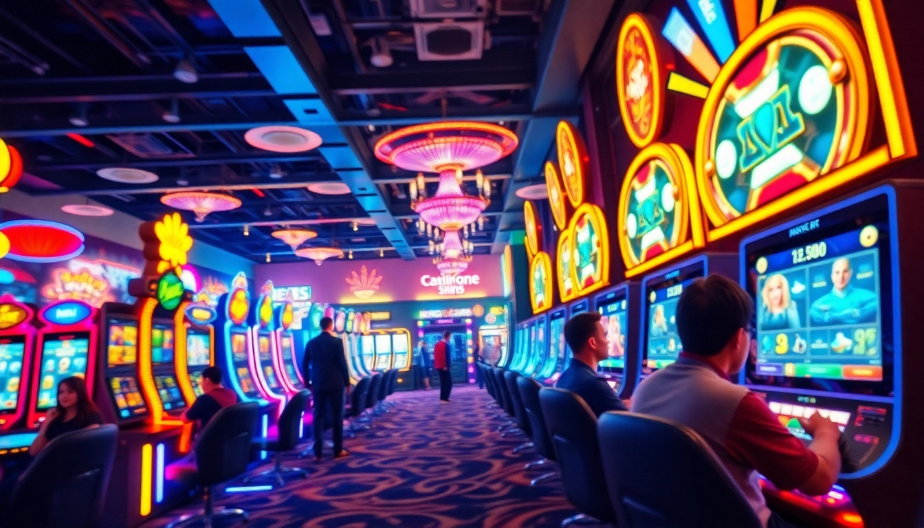 Exciting online gaming scene featuring king88's vibrant casino atmosphere with colorful slot machines and engaged players.