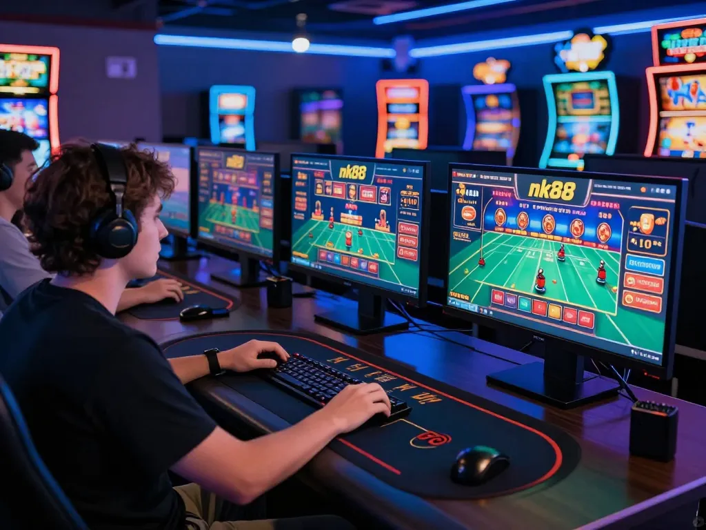 Player enjoying engaging nk88 online casino games from a modern home setup, showcasing multiple screens.