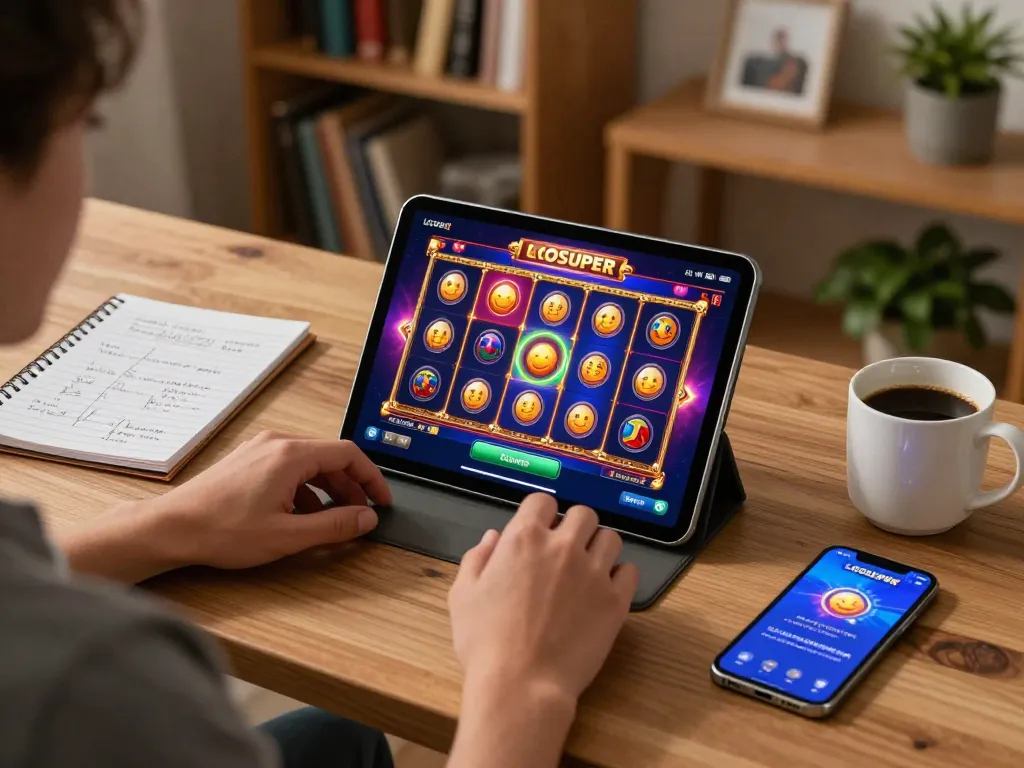 Enjoying vibrant LGOSUPER slots on a tablet in a cozy home gaming setup, emphasizing strategic notes and relaxation.