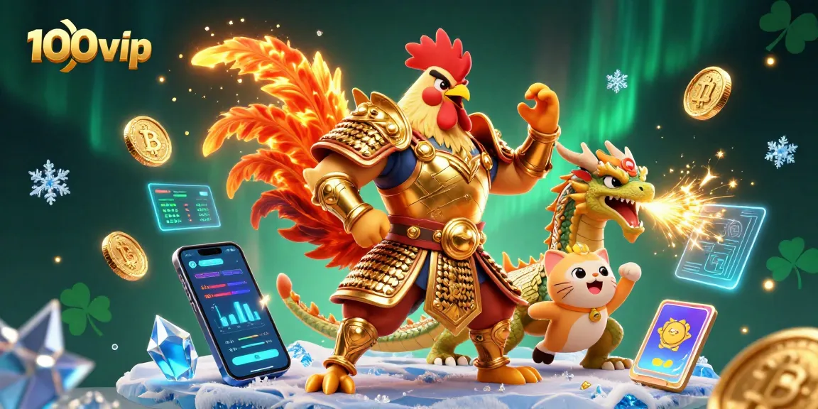 Join the action with 100vip as a fierce rooster warrior, dragon hatchling, and fortune cat celebrate winning strategies!