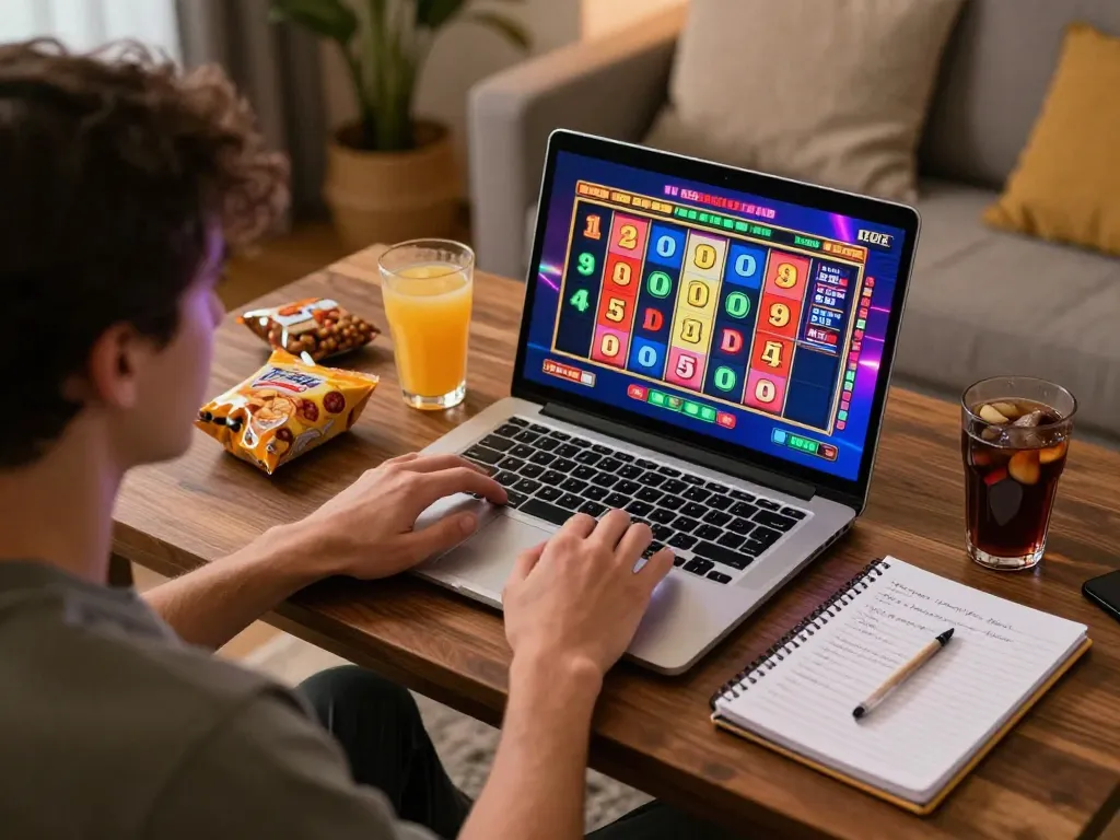 Player immerses in Hubet online slot machine game with vibrant screen and strategic notes