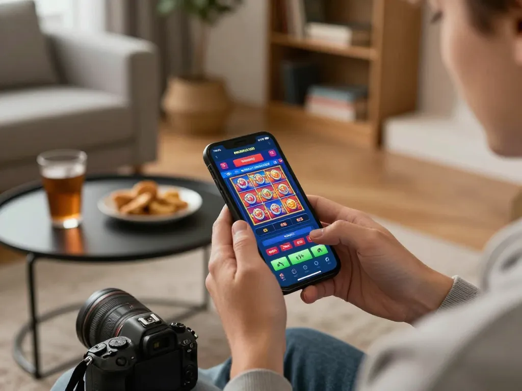 Mobile gaming session on lc88vina app in a cozy home setting with strategic gameplay.
