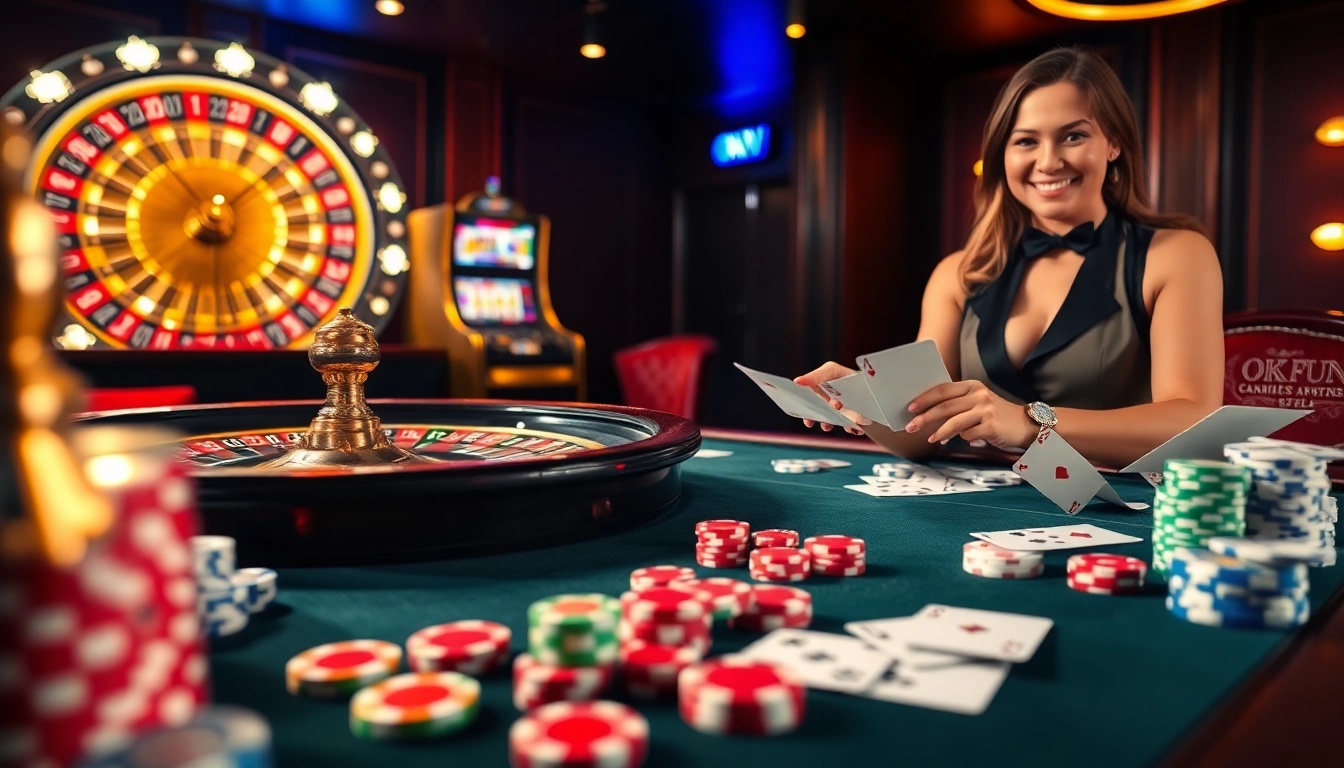 Experience the thrill of winning at OKFUN Casino with vibrant gaming tables and elegant dealers.