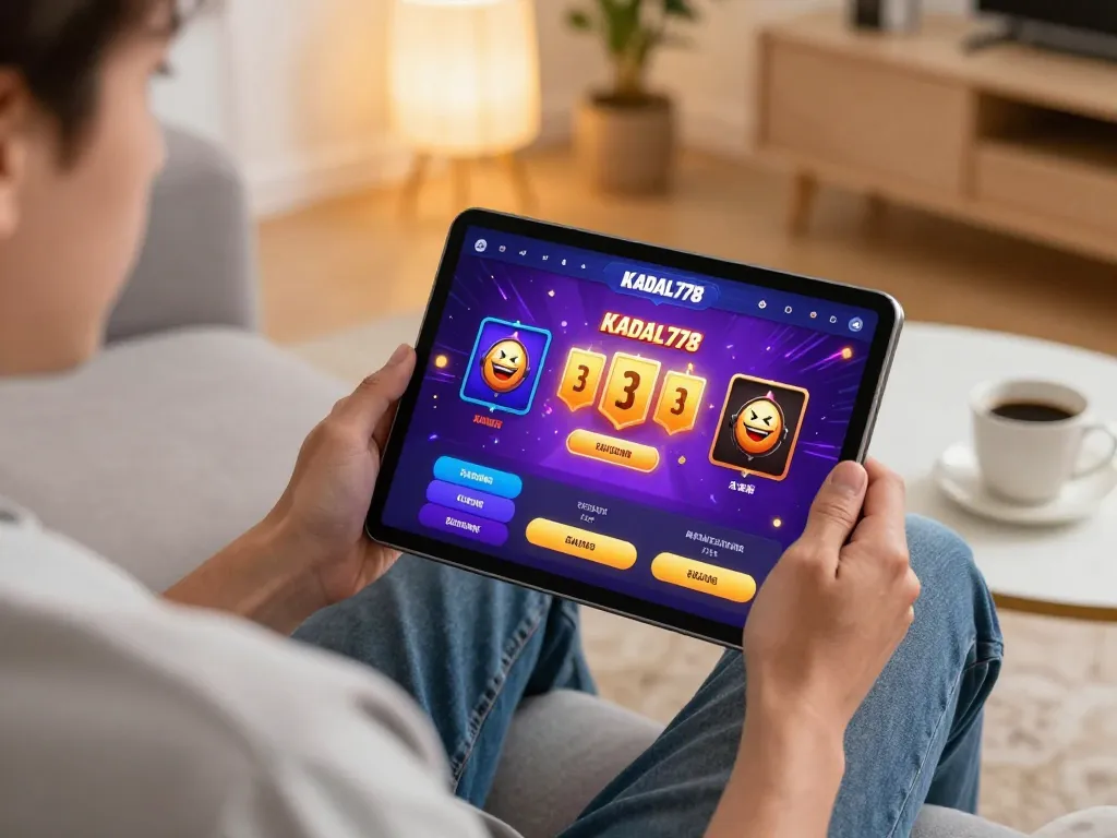 KADAL778 player enjoying interactive gaming gameplay on a tablet in a cozy home setting