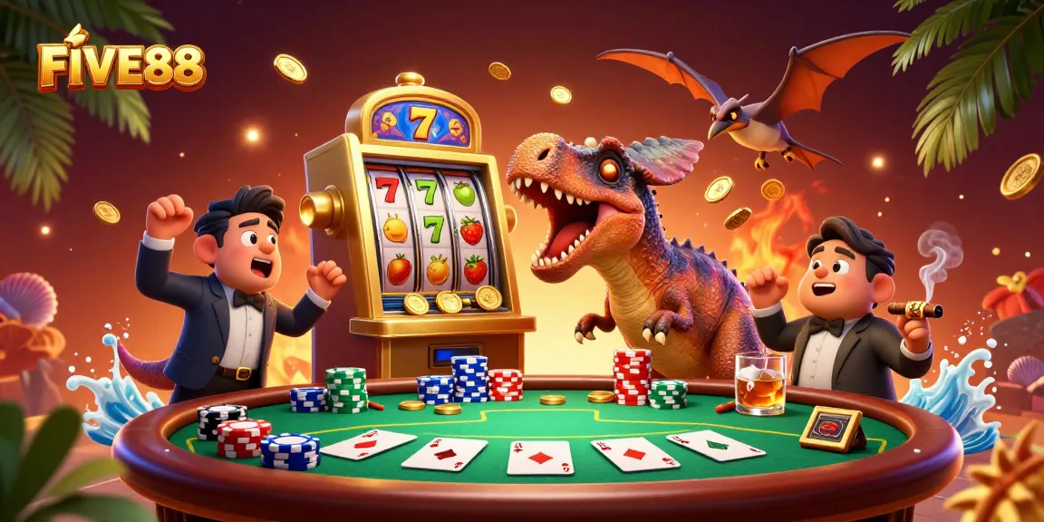 FIVE88 casino illustration of a dinosaur headbutting a slot machine for jackpot coins