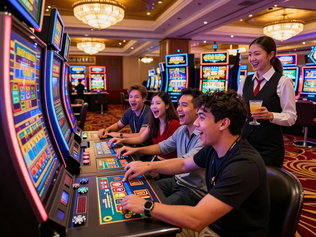 Teman-teman menikmati pengalaman bermain yang mendebarkan di mesin slot situs gacor di kasino yang ramai.