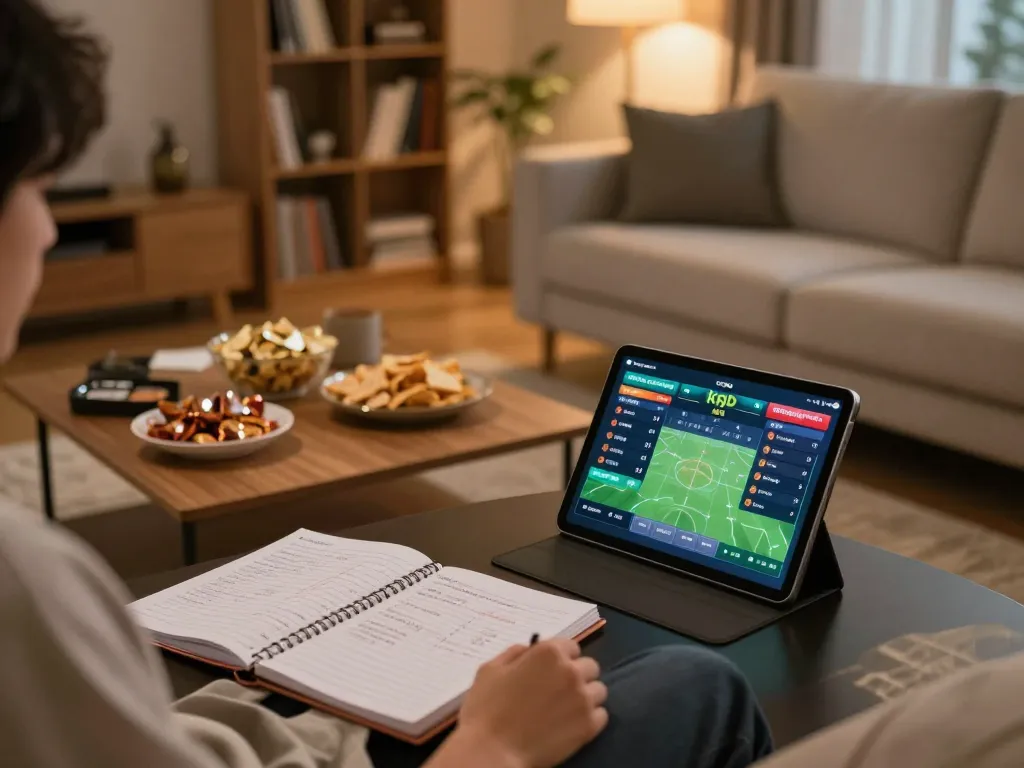 Engaging in kqbd online sports betting while analyzing scores in a cozy living room setting.