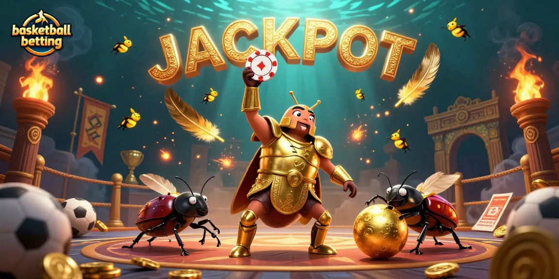 Engaging basketball betting scene with a hercules beetle victorious, showcasing vibrant elements and dynamic atmosphere.