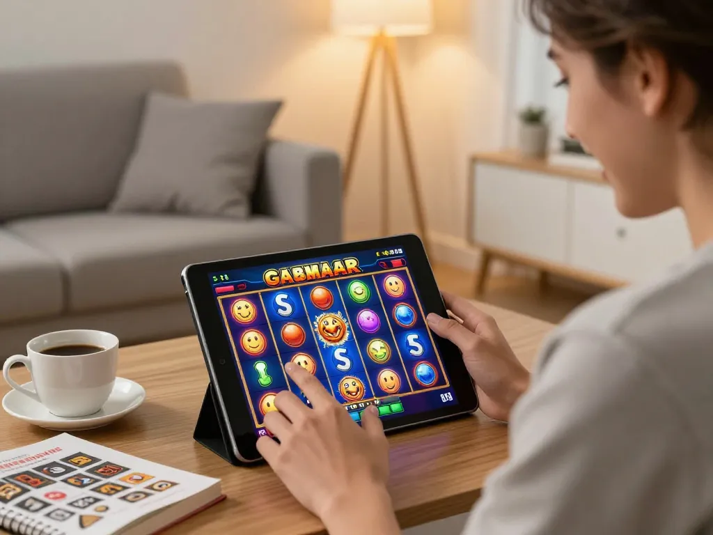 Enjoying a slot gacor game on a tablet in a cozy living room, highlighting engaging gameplay