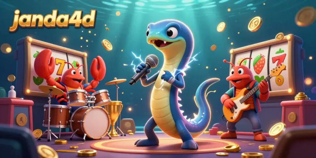 Permainan janda4d dalam ilustrasi 3D memasukkan perjudian slot dengan simbol buah, piala emas, dan karakter animasi.