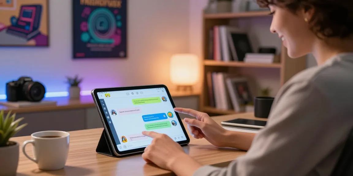Person chatting on tablet with CrushonAI in a cozy home office, showcasing a vibrant digital interaction.