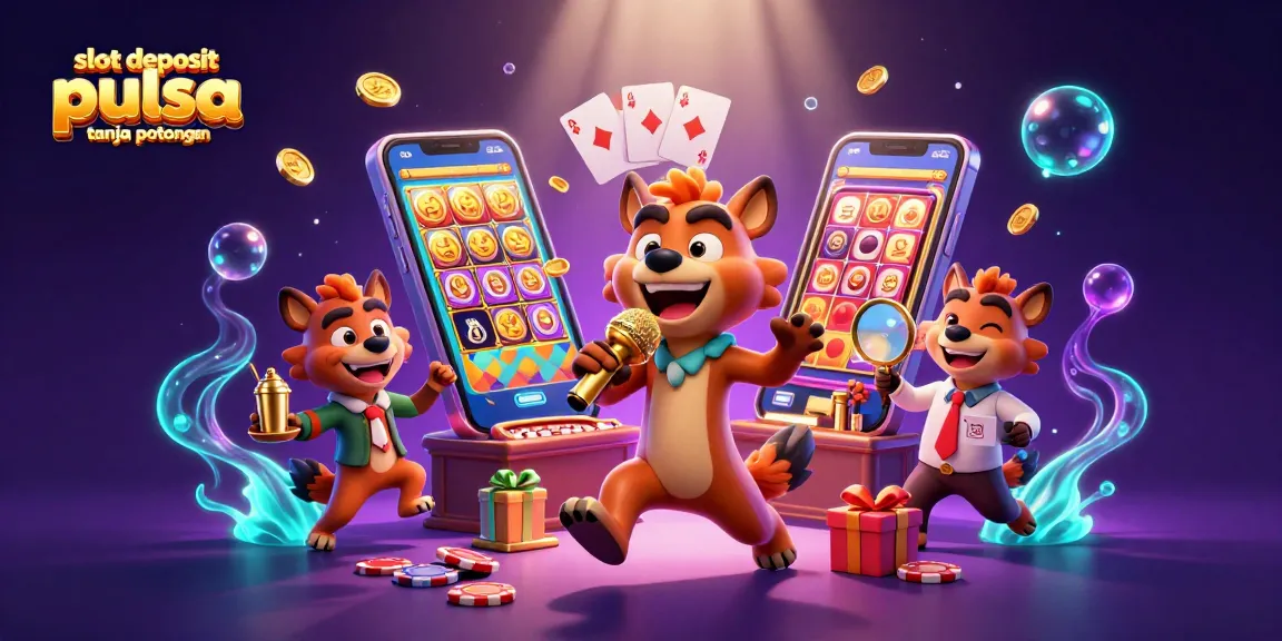 Mainkan slot deposit pulsa tanpa potongan dalam ilustrasi kasino penuh warna yang dinamis dan menarik.