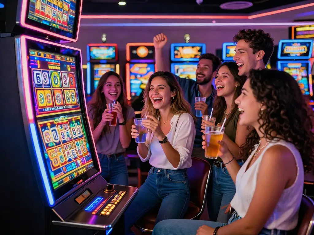 SLOT GACOR celebration with friends at a colorful casino, showcasing excitement and joy.