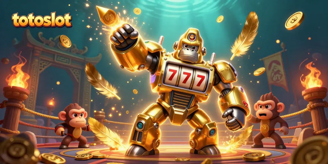 Totoslot showcases a captivating 3D scene with a golden gorilla mech celebrating a big win.