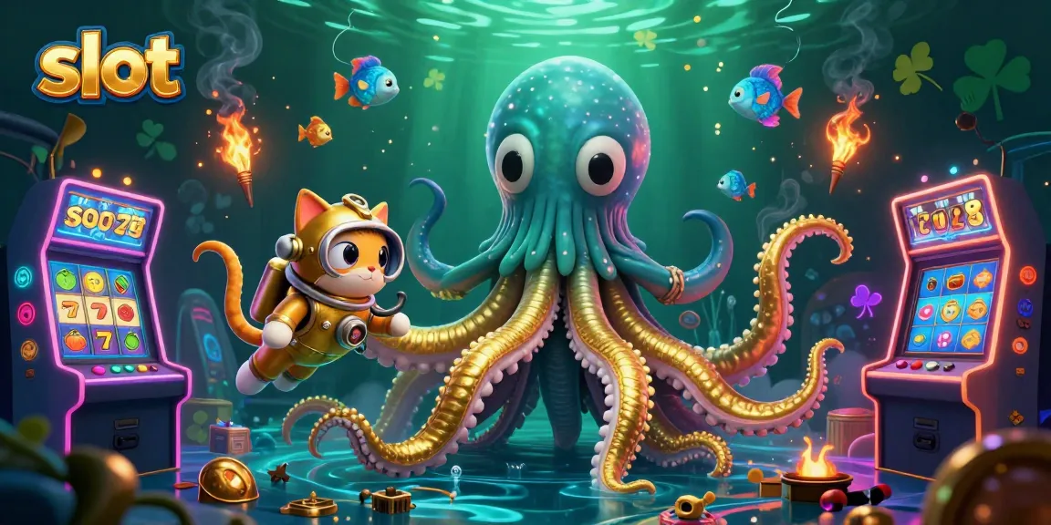 Slot bertema dengan kraken raksasa dan mesin slot yang bersinar dalam kasino bawah laut