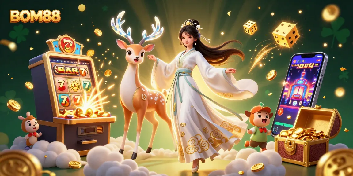 Experience thrilling moments with BOM88, showcasing exciting casino games in a vibrant illustration.