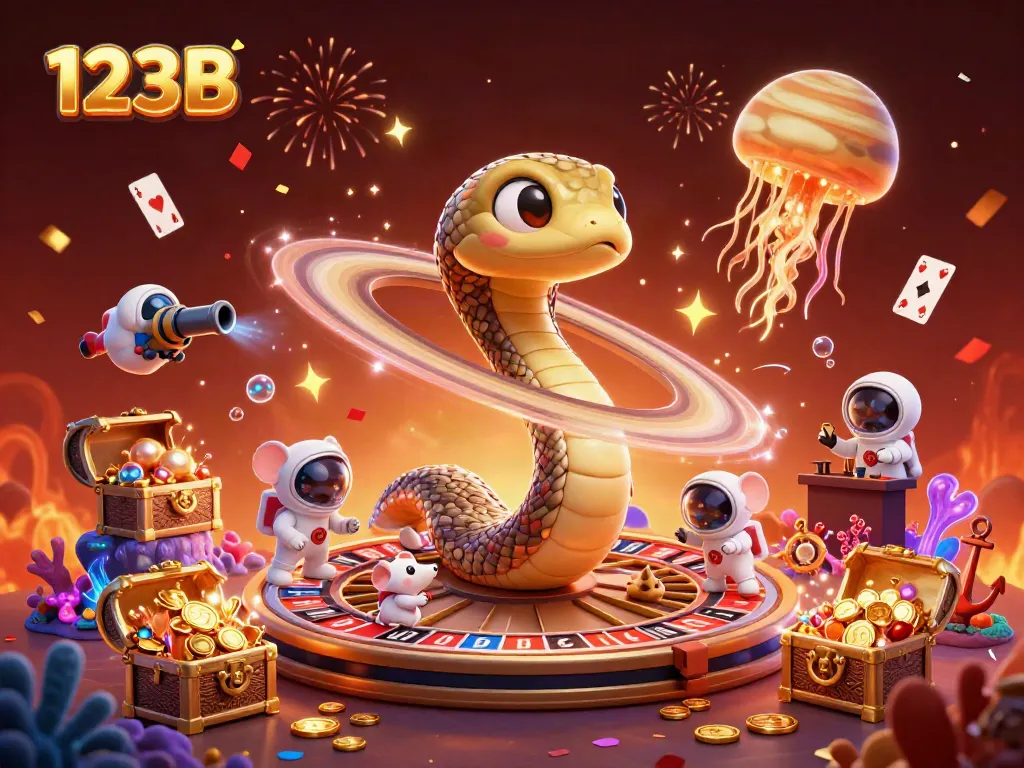 Experience thrilling gameplay at 123B with a cosmic scene showcasing a roulette wheel and cartoon characters.
