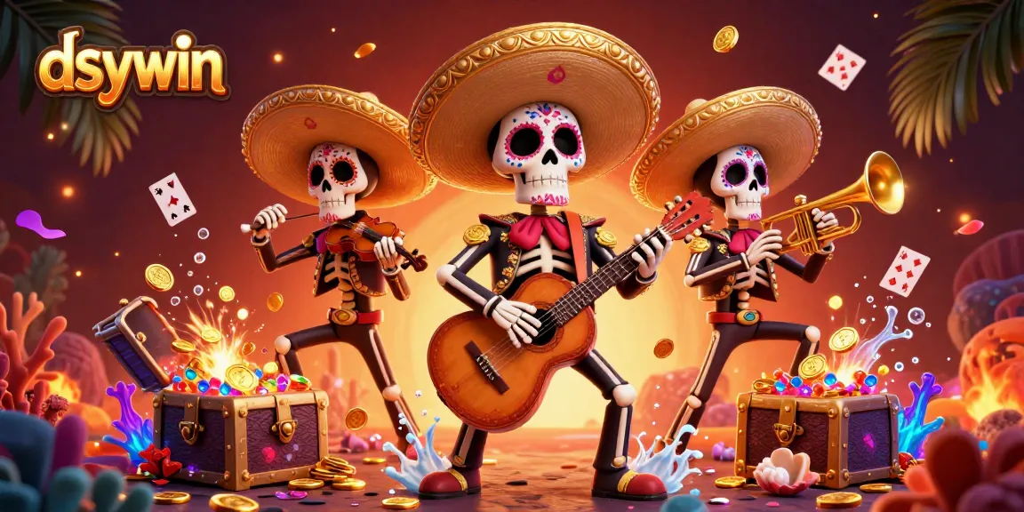 Engage with dsywin's vibrant 3D cartoon mariachi band amidst casino treasures, perfect for online gaming.
