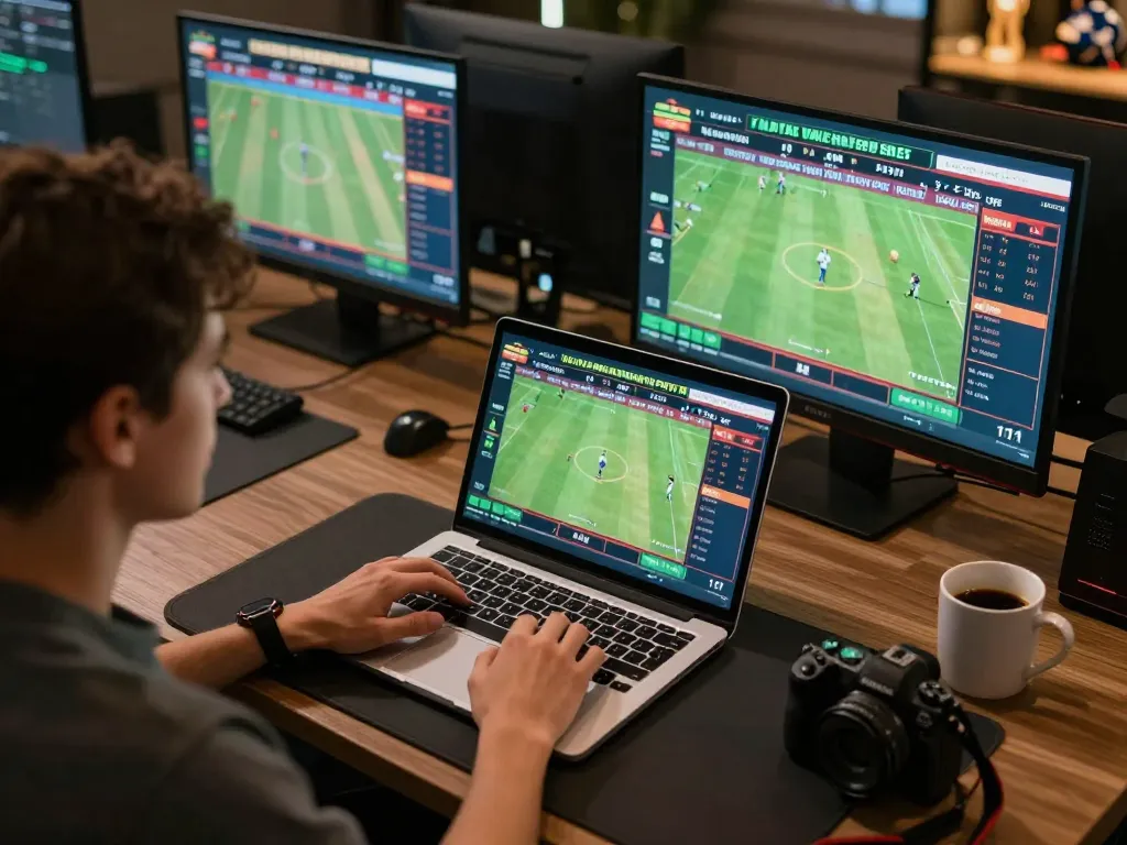 Engage in exciting sports betting action at lucks8 while using a laptop and multiple screens for real-time odds.