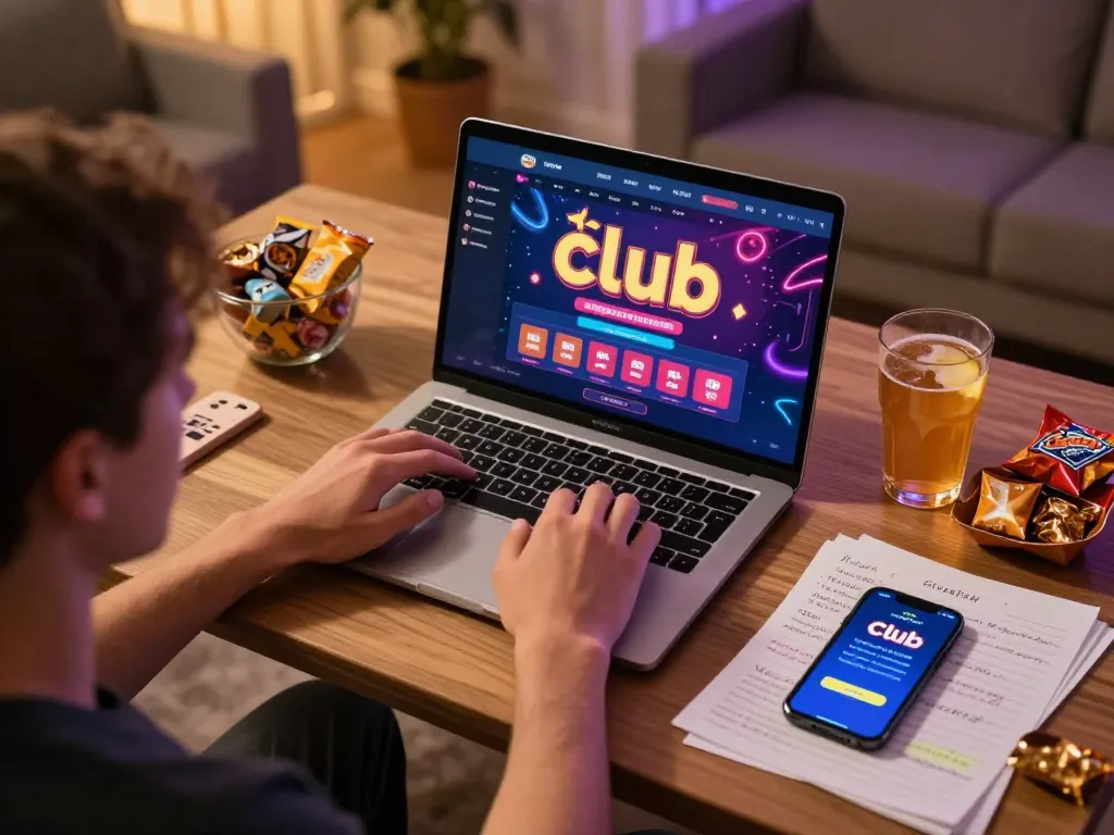 Engaging in strategic gaming with hitclub on a laptop, surrounded by snacks and a cozy atmosphere.