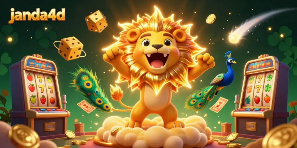 Ilustrasi 3D janda4d yang menampilkan singa matahari dan elemen mesin slot, menciptakan suasana kasino yang menyenangkan.