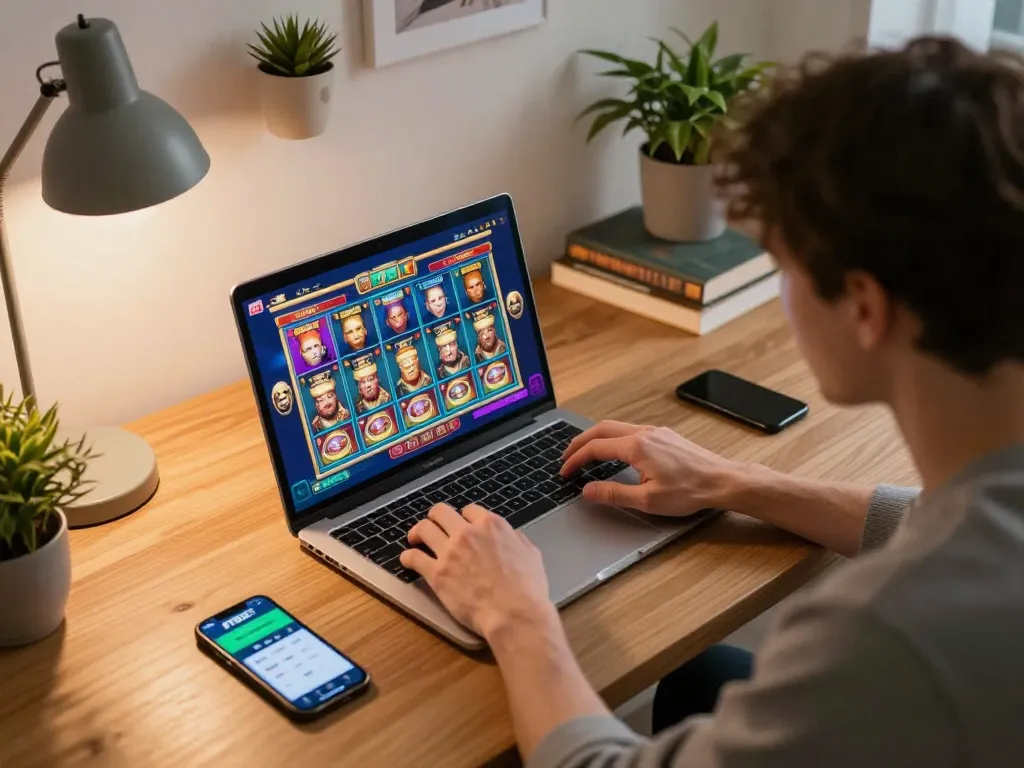 Engaging player enjoying F8BET online gaming experience with colorful slot display on laptop