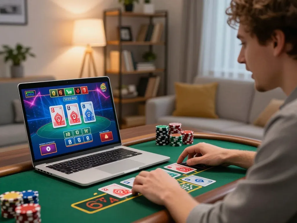 Player engaging with live dealer game on Jun88 online casino platform from home.