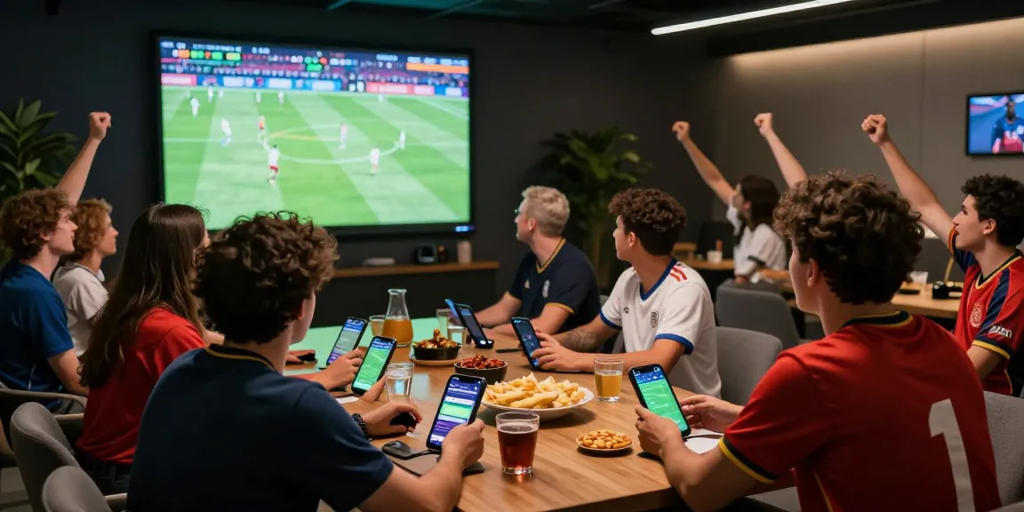 A lively sports betting scene at https://open88c.com/ with players enjoying a football match and placing bets.