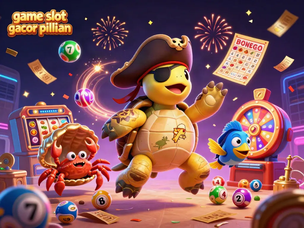 Bermain game slot gacor pilihan dengan karakter kartun ceria seperti kura-kura bajak laut dan kerang emas di atas harta karun.