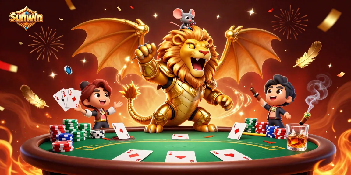 Engage in epic battles at Sunwin with a chimera and mouse jockey amidst poker glory.