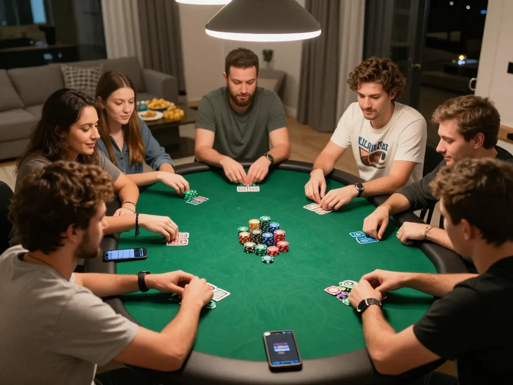 Poker online game in a cozy home environment with friends playing Texas Hold'em