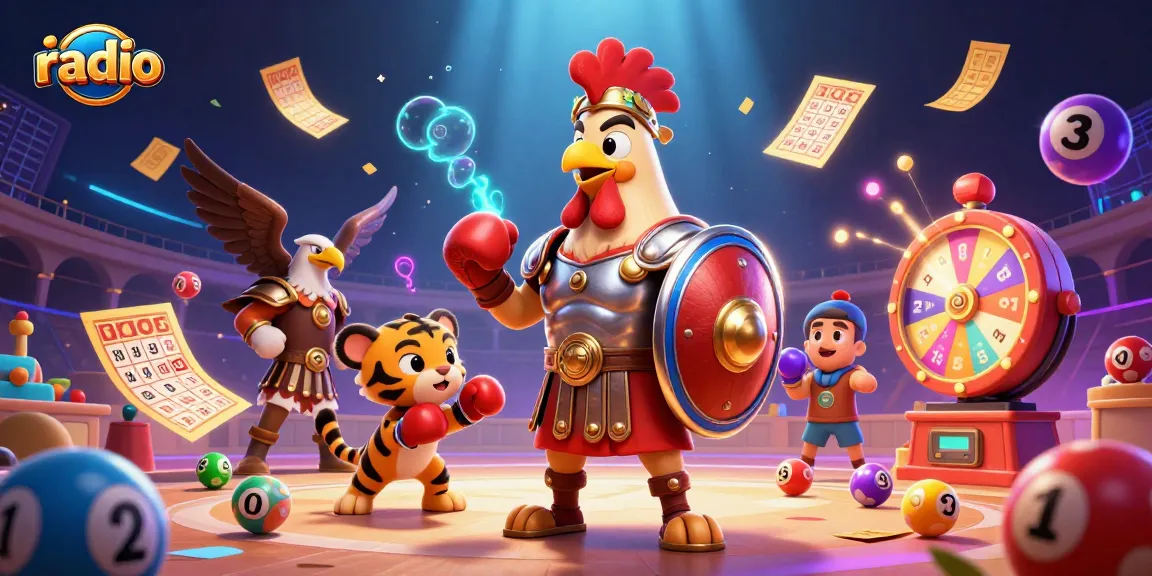 Experience thrilling radio gambling action with a dynamic casino scene featuring a gladiator rooster.