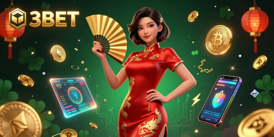 3BET features a confident Asian woman in a vibrant qipao amidst digital casino effects and cryptocurrency elements.