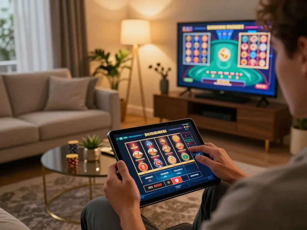 Engaging in online gaming at 88aa chính thức on a tablet, showcasing a modern home environment.